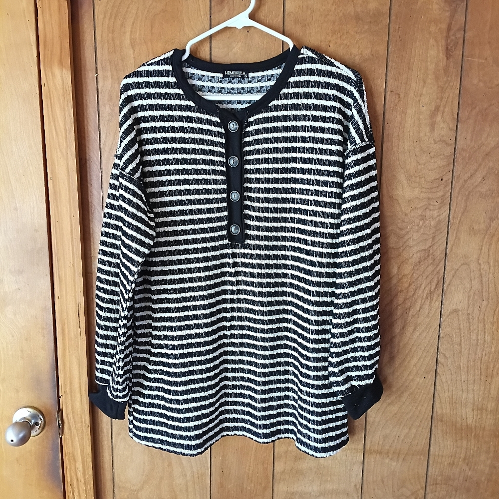 Heimish USA Black White Striped Henley Long Sleeve Pullover Top Size M